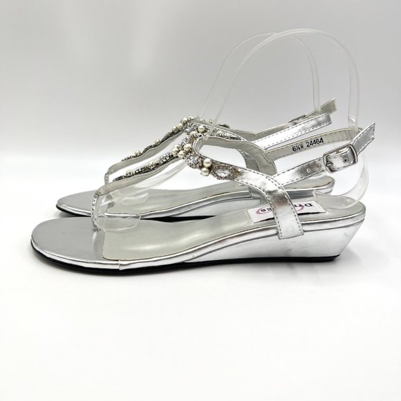 6.5W 6.5 WIDE Dyeables Silver Jeweled T-Strap Low Wedge‎ Dress Sandals Shoes - Picture 5 of 13
